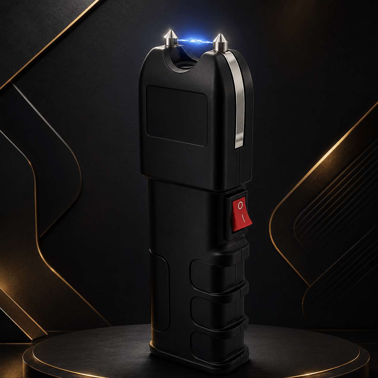 A Lanterna LED Taser para Segurança Pessoal é um dispositivo portátil preto com pontas metálicas que emite um pequeno arco elétrico na parte superior. Ela possui um cabo estriado, um botão vermelho de ligar/desligar e é apresentada na posição vertical contra um fundo escuro e elegante, com detalhes dourados.