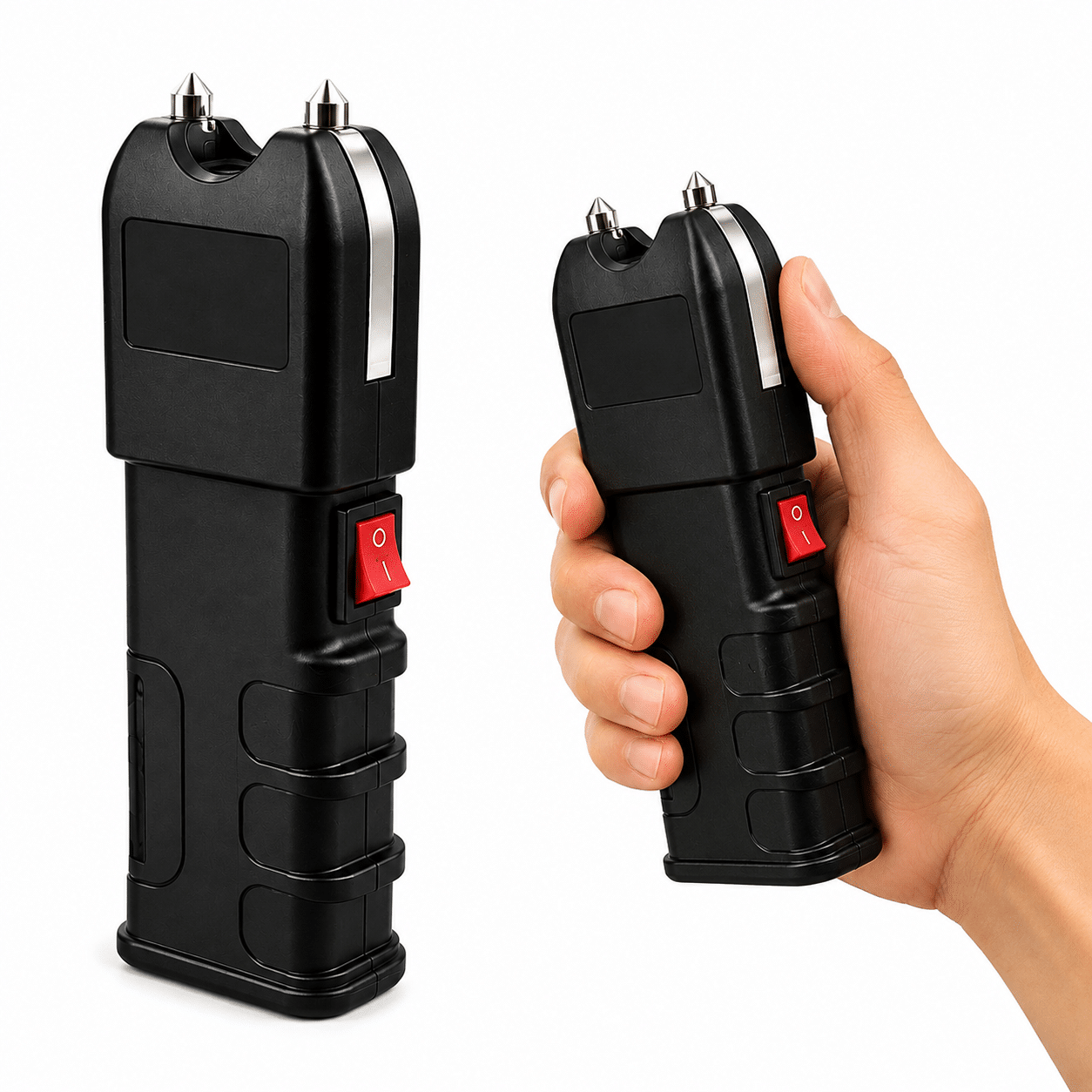 Dois dispositivos Taser Lanterna Led para Segurança Pessoal com corpo preto, pinos prateados e um botão vermelho; um deles está em pé sobre um fundo branco, enquanto o outro é segurado na mão para destacar seu cabo ergonômico e seu design compacto.