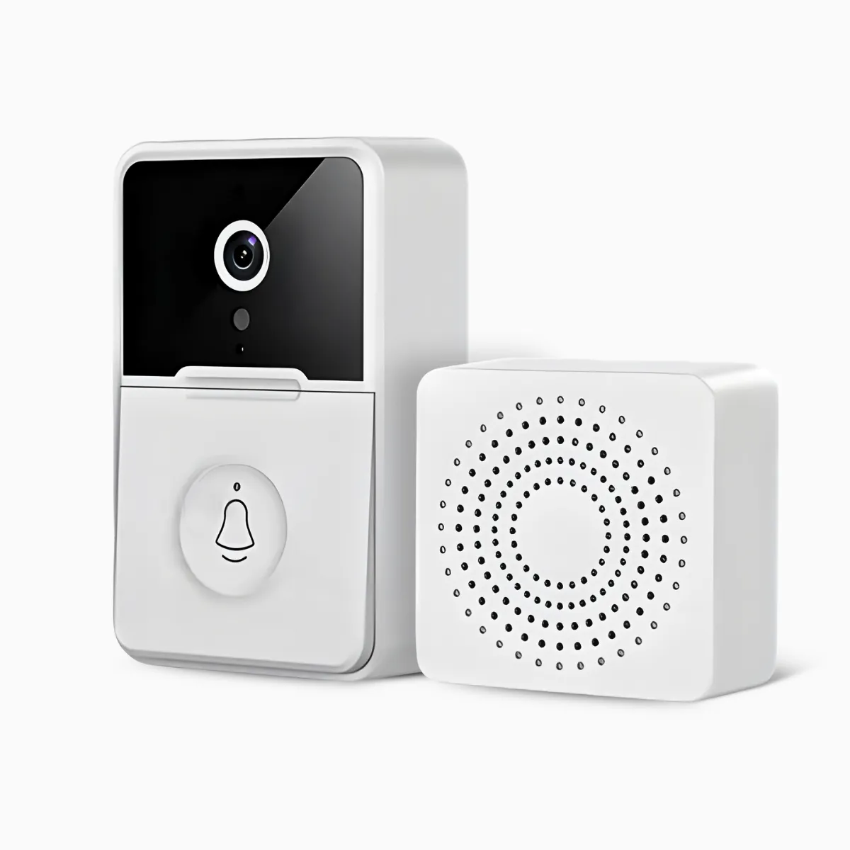 A campainha com câmera Wi-Fi sem fio inteligente e interfone com áudio possui uma lente de câmera, um botão com o ícone de um sino e uma unidade de campainha branca retangular com aberturas, ambos sobre um fundo branco.