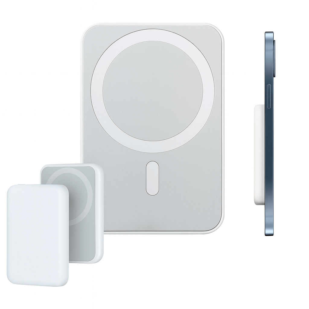 Estão expostos três carregadores sem fio Carregador Portátil Magnético MagSafe, finos e retangulares, com bordas arredondadas: dois na cor branca e um na cor prata, com uma área de carregamento circular. Um smartphone azul é mostrado de perfil, acoplado ao carregador, destacando o design fino e o alinhamento magnético no estilo MagSafe.