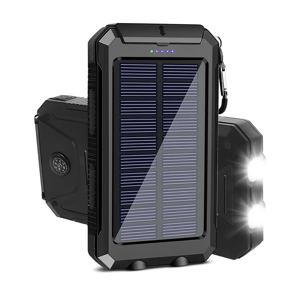 O Carregador Portátil Power Bank Solar USB Preto é um carregador portátil resistente, na cor preta, que possui um painel solar na parte frontal, luzes indicadoras LED, uma bússola integrada e uma lanterna lateral que emite dois feixes de luz intensos. Seu design durável inclui cantos reforçados e um mosquetão fixado na parte superior para maior praticidade.