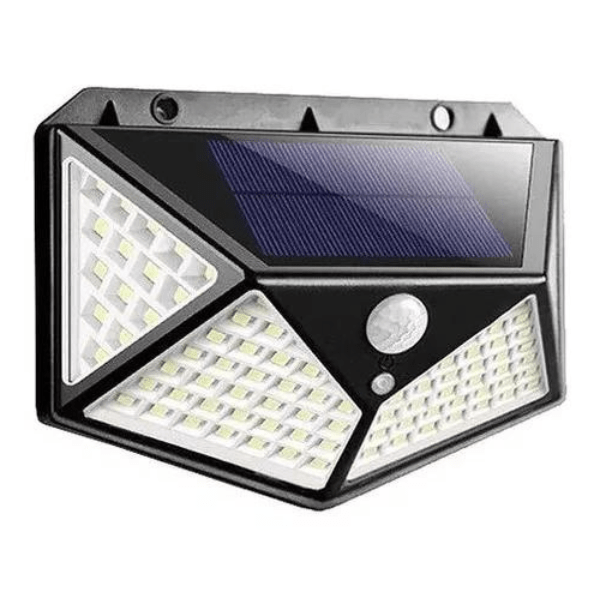 Claro! Aqui está a frase reescrita usando os dados do produto fornecidos: A Luminária de Parede Solar 100 LEDs com Bateria e Luz de Sinalização para Jardim apresenta um design para montagem na parede com dois painéis LED triangulares, um painel solar retangular na parte superior e um sensor de movimento redondo no centro. Sua carcaça preta inclui dois orifícios para parafusos na parte superior, facilitando a instalação.