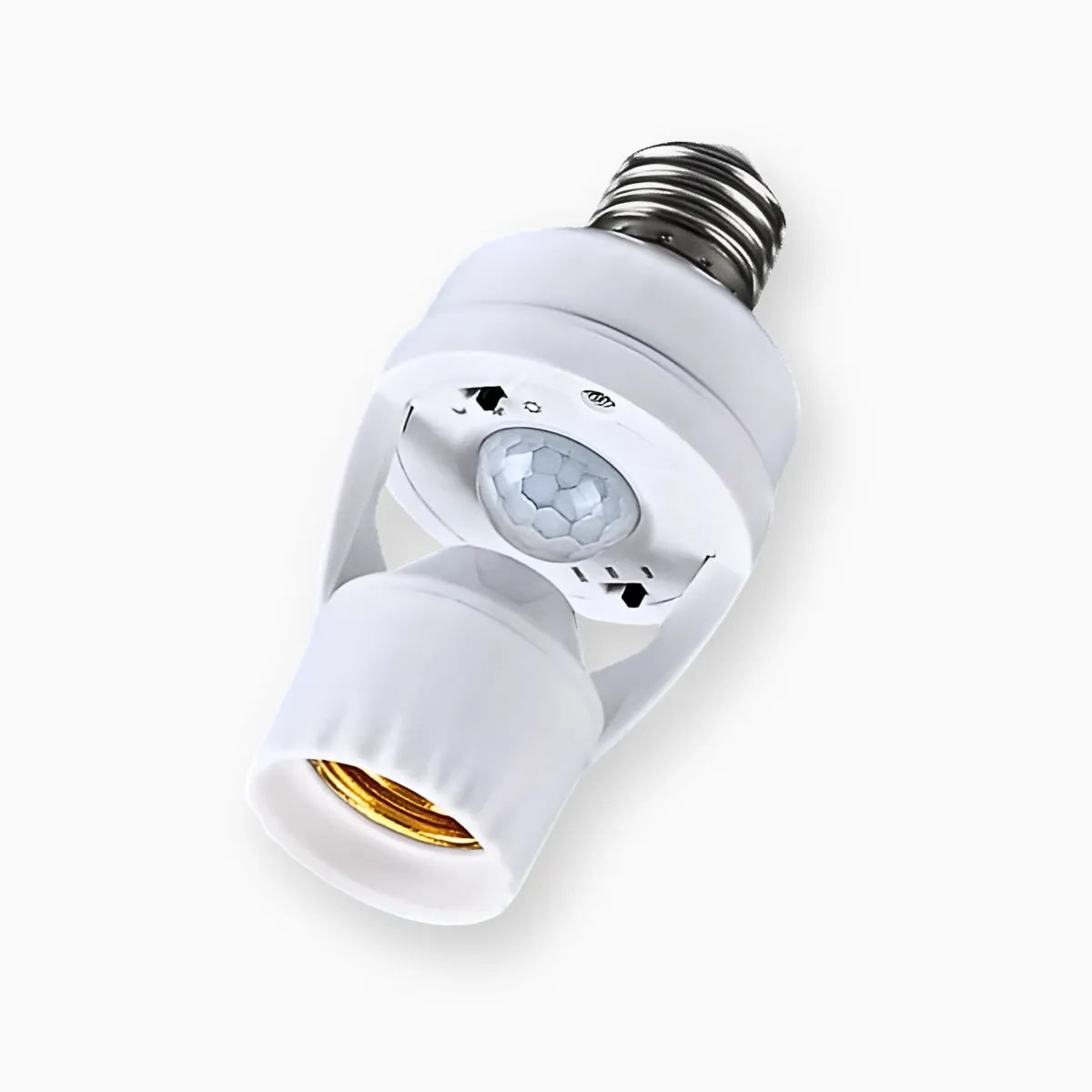 Um sensor de presença com fotocélula para lâmpada com soquete E27 na cor branca, com base de rosca e soquete E27. O sensor redondo de detecção de movimento está posicionado na lateral, acima do soquete, e o produto é exibido contra um fundo branco liso.