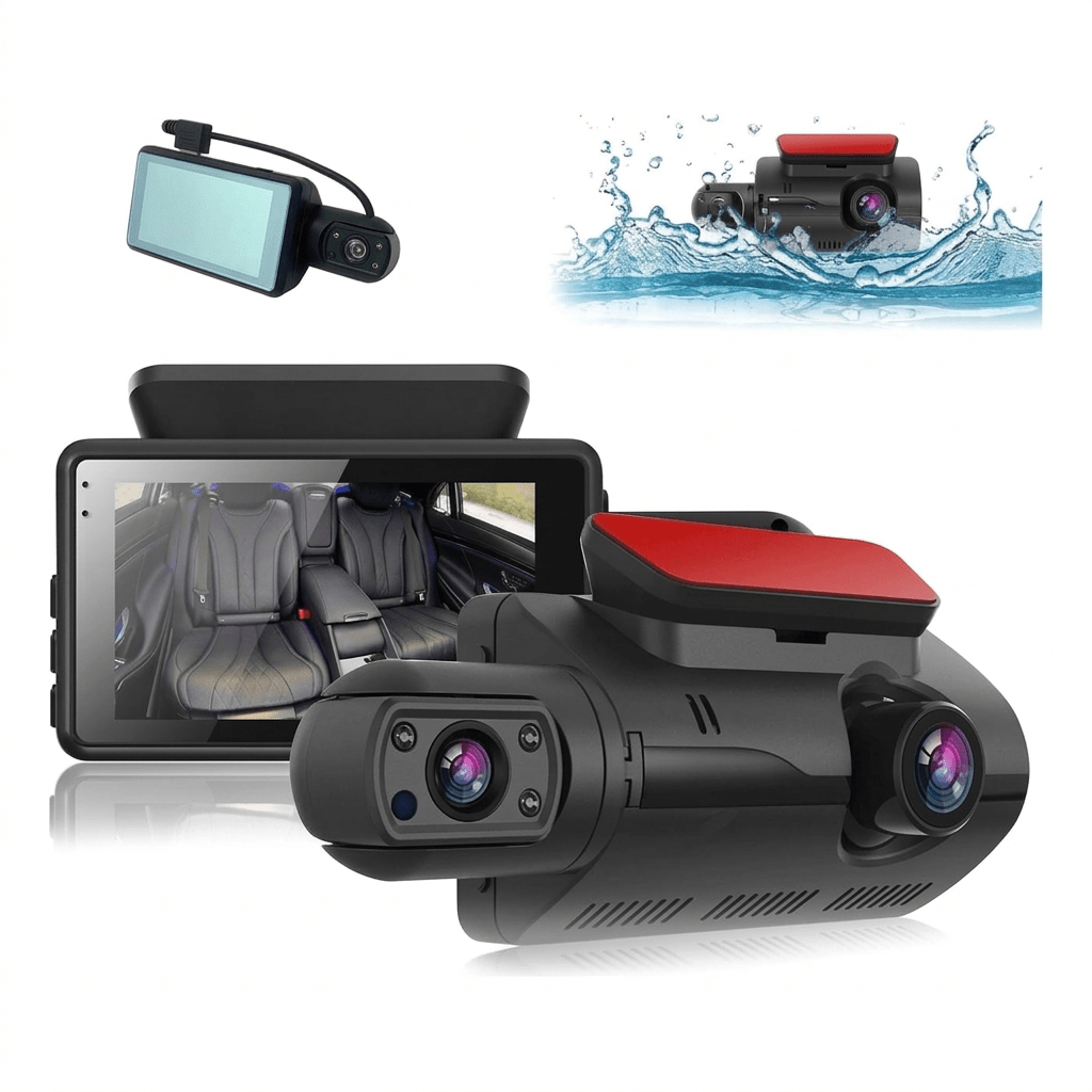 É mostrada uma câmera de vídeo veicular HD frontal e interna na cor preta com detalhes em vermelho. Sua tela exibe o interior de um carro. Uma pequena câmera traseira à prova d’água aparece em meio a respingos de água, e todos os componentes estão dispostos sobre um fundo branco.