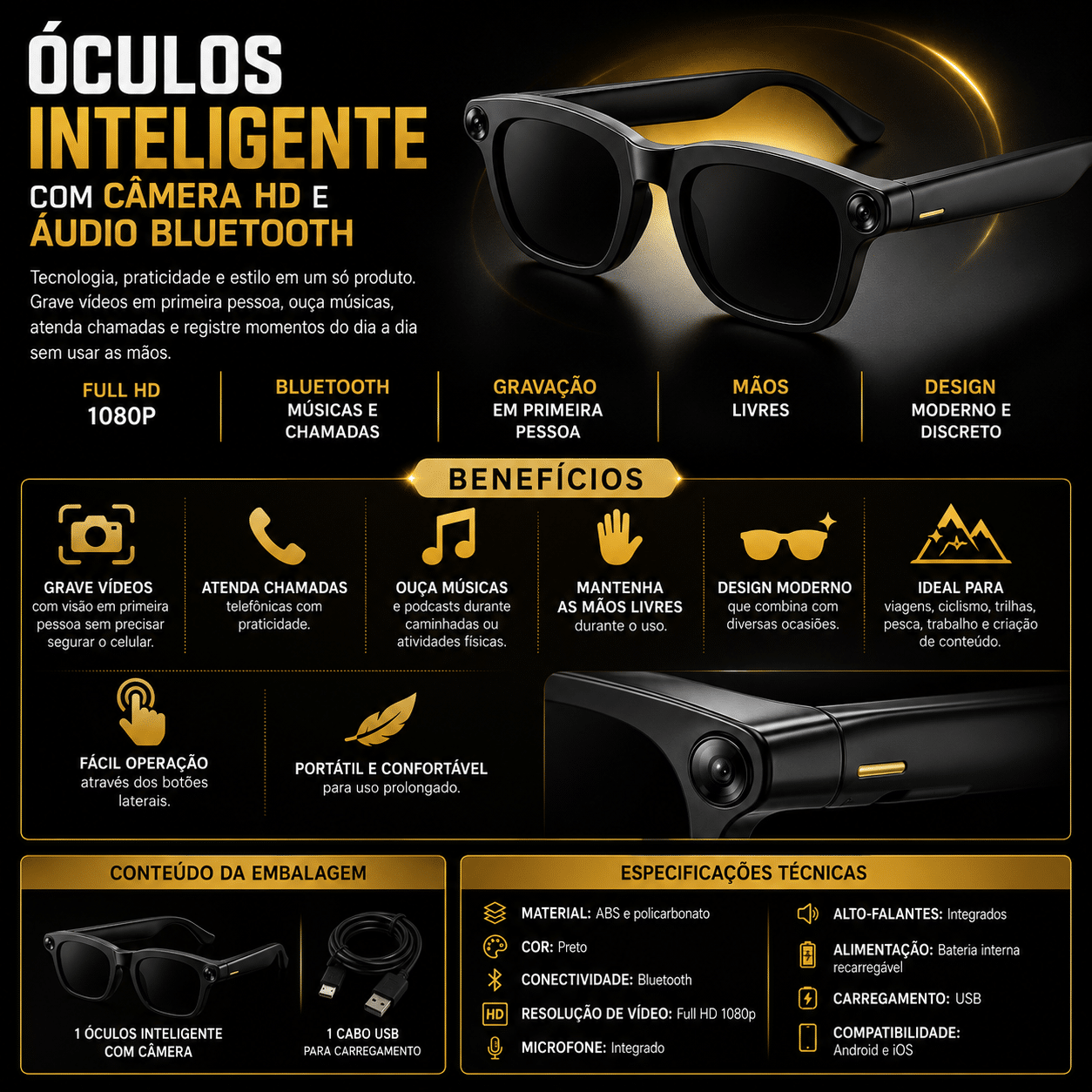 Óculos inteligentes com câmera HD 1080p e áudio Bluetooth, na cor preta, com lentes escuras e câmera discretamente localizada nas hastes, exibidos sobre fundo preto. O texto destaca suas funções: gravação de vídeos em Full HD 1080p, chamadas via Bluetooth, reprodução de músicas e design moderno e discreto. Vem com estojo, cabo USB e manual de instruções.