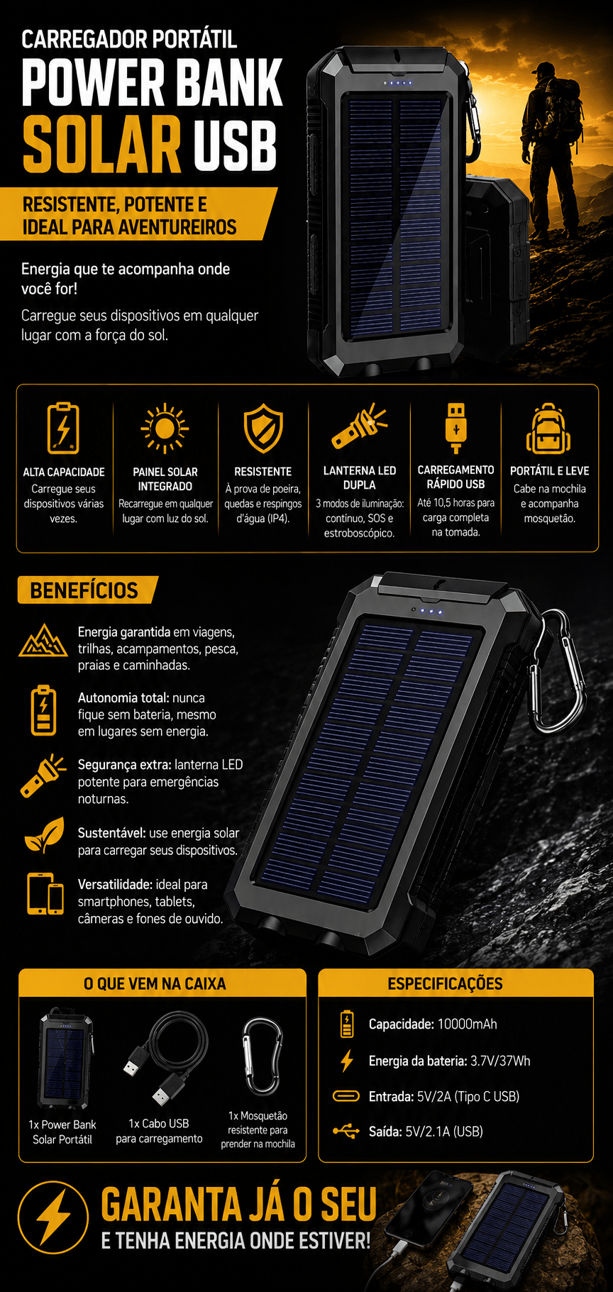 O folheto promocional do Power Bank Solar 10.000mAh com Lanterna LED e USB apresenta imagens do power bank, do mosquetão incluído e do cabo de carregamento, além de ícones que representam grande capacidade, carregamento solar, lanterna LED e recursos de segurança. O texto destaca os benefícios do produto, as especificações técnicas, o que está incluído na embalagem e incentiva os clientes a fazerem a compra.
