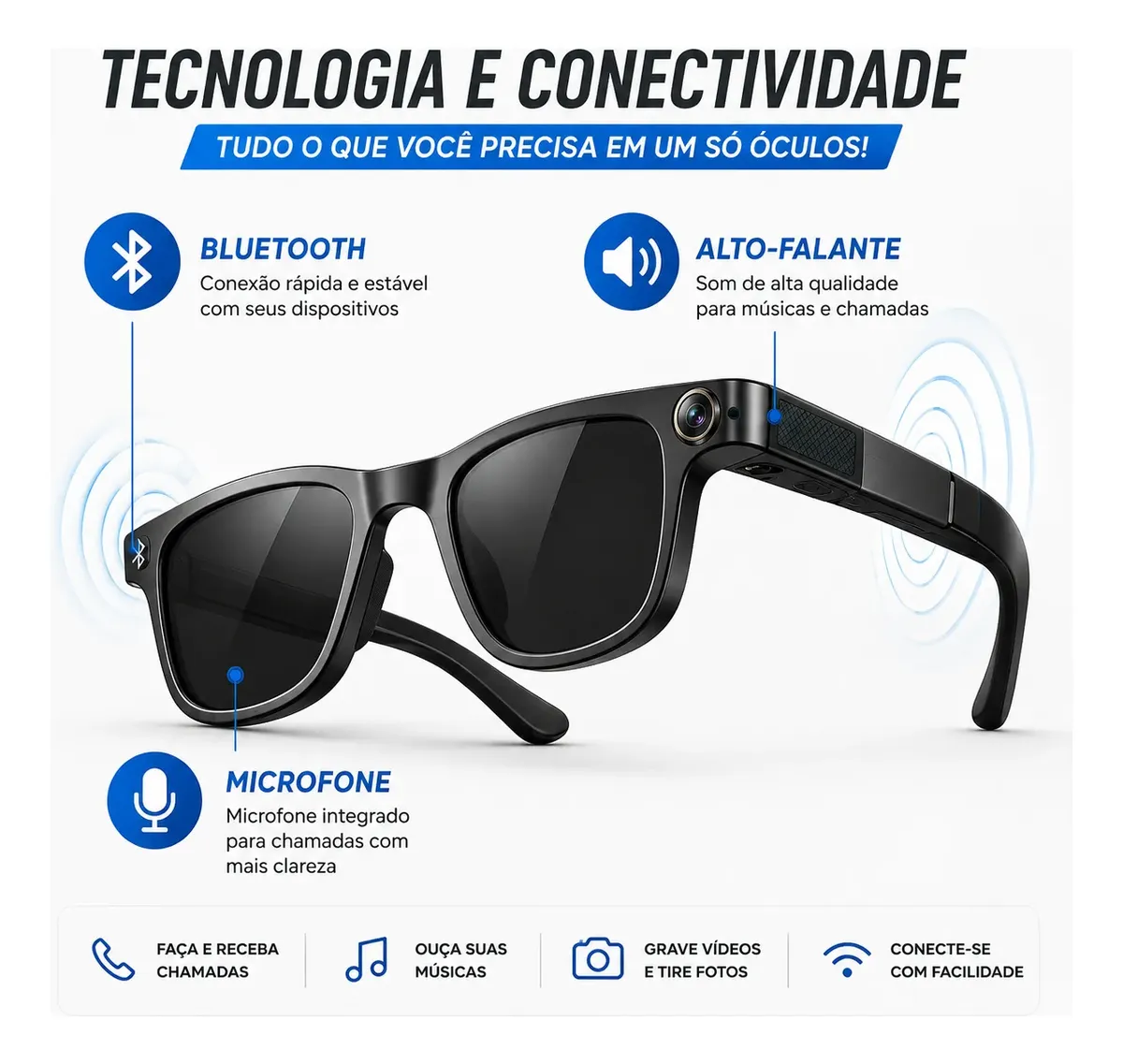 Óculos Inteligente com Câmera HD 1080p e Áudio Bluetooth