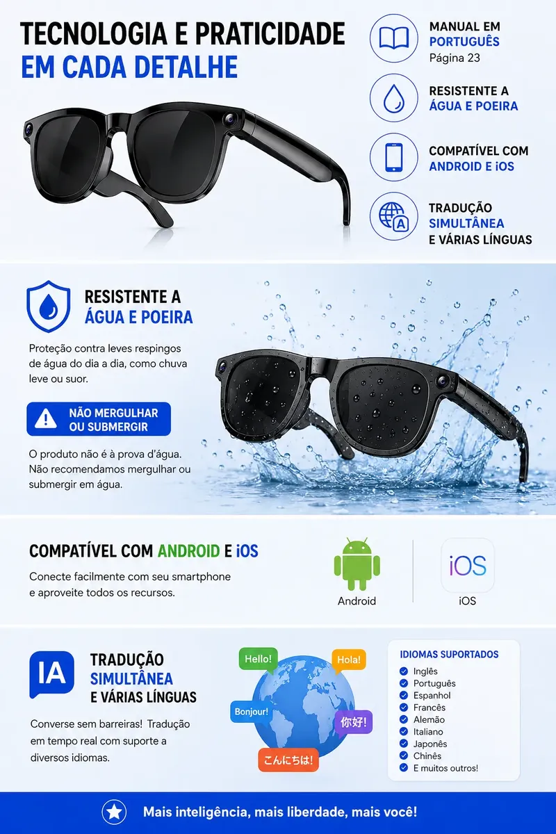 Óculos Inteligente com Câmera HD 1080p e Áudio Bluetooth