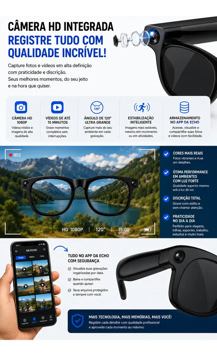 Óculos Inteligente com Câmera HD 1080p e Áudio Bluetooth