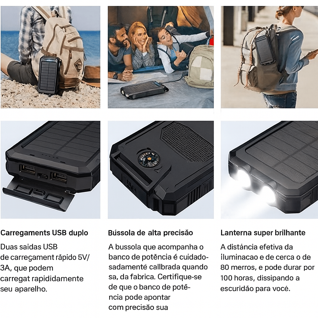 Seis fotos do produto mostram o Carregador Portátil Power Bank Solar USB Preto, um carregador portátil resistente equipado com painel solar, portas USB, bússola integrada e duas luzes LED. O dispositivo é mostrado preso a uma mochila e sendo usado ao ar livre, destacando suas funções de recarga, navegação e lanterna. O texto que acompanha as imagens descreve esses recursos em detalhes.
