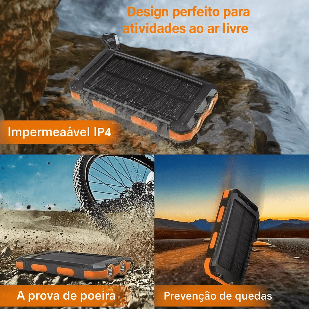 Colagem que mostra o Carregador Portátil Power Bank Solar USB Preto em ambientes ao ar livre: colocado sobre rochas perto da água, apoiado em solo lamacento ao lado de uma bicicleta e fotografado no meio de uma queda sobre terreno rochoso. Um texto em laranja chamativo destaca suas características à prova d’água, à prova de poeira e resistente a quedas, ideais para uso ao ar livre.