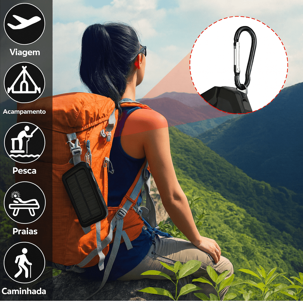 Uma mulher com rabo de cavalo está sentada na beira de um penhasco, carregando uma mochila laranja com o Carregador Portátil Power Bank Solar USB Preto preso a ela. Ícones circulares à esquerda sugerem usos para viagens, acampamento, pesca, praia e caminhadas. Ao fundo, montanhas verdes sob um céu azul.