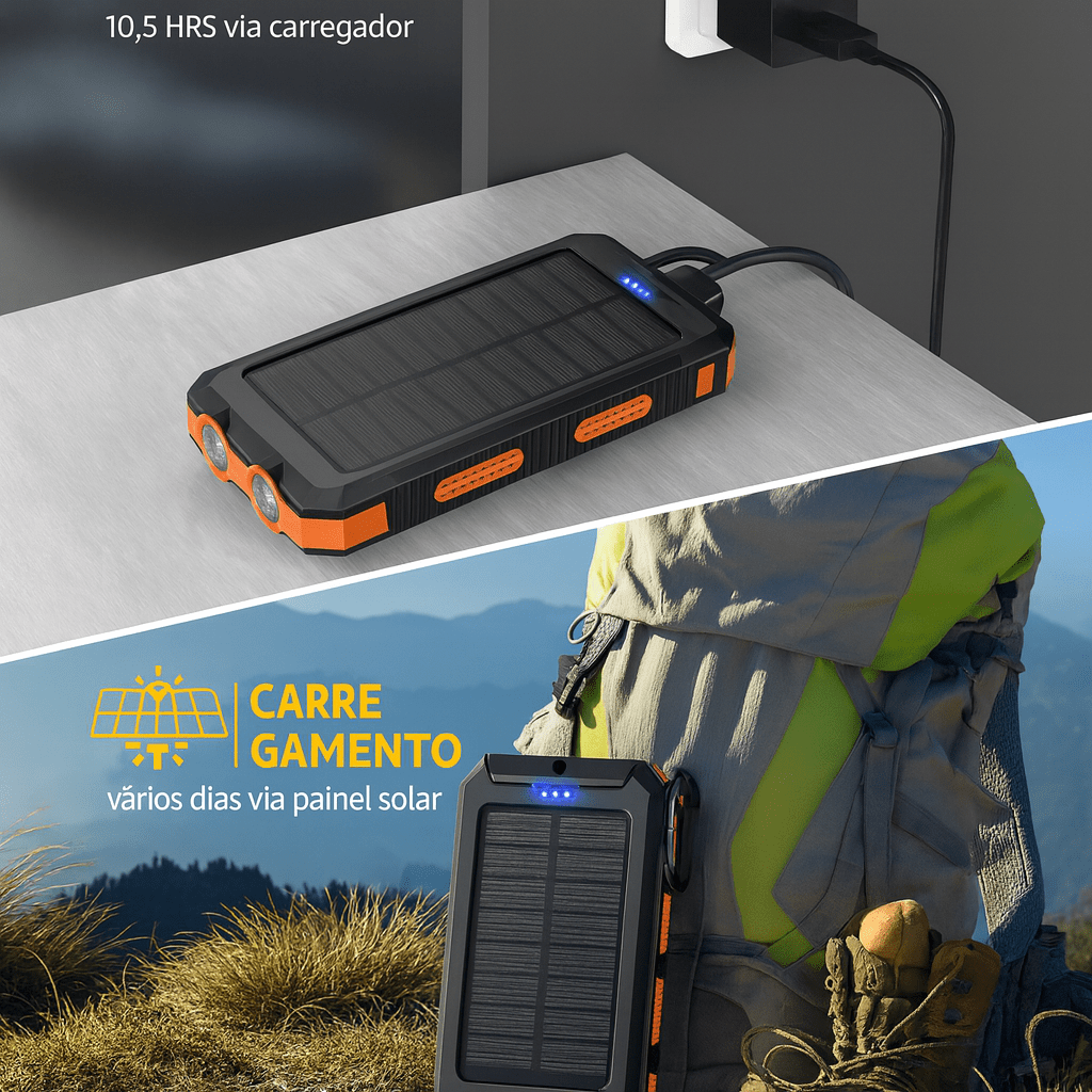 O carregador portátil Power Bank Solar USB preto aparece sendo carregado em uma tomada sobre uma mesa e preso a uma mochila ao ar livre, com as luzes indicadoras azuis acesas. O texto em português explica os tempos de recarga por meio do carregador de parede e do painel solar.