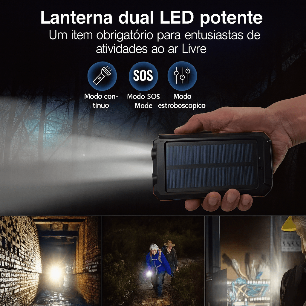 Uma mão segura o Carregador Portátil Power Bank Solar USB Preto, uma lanterna com dois LEDs e painéis solares. O texto destaca sua iluminação potente e versatilidade para os entusiastas de atividades ao ar livre, oferecendo os modos de iluminação contínua, SOS e estroboscópico. Abaixo, três imagens mostram pessoas utilizando o dispositivo em ambientes externos escuros.