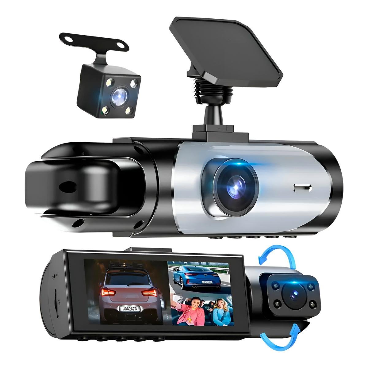 A Câmera Automotiva Monitoramento Gravador Preto Monitor é um kit de câmera de painel para carro que inclui uma câmera principal cilíndrica com lente e botões, uma câmera traseira quadrada e compacta equipada com quatro luzes ao redor da lente e uma tela que exibe tanto a imagem do interior do carro quanto a da família.