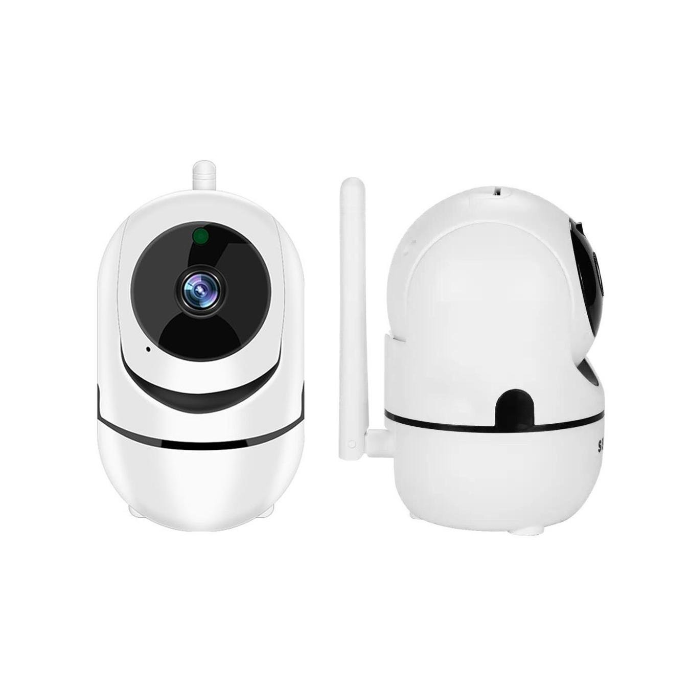 Duas imagens da Câmera de Segurança IP com Varredura Automática, Visão Noturna e Conexão Sem Fio 720p: a vista frontal mostra uma lente e um sensor em destaque dentro de um círculo preto, enquanto a vista lateral exibe uma antena e o design arredondado do corpo, ambos apresentados contra um fundo branco liso.