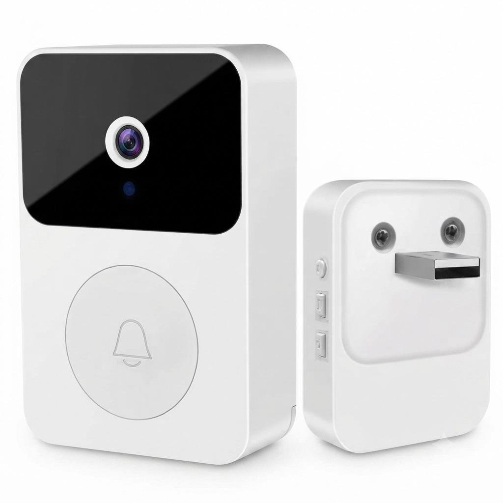 A Campainha Inteligente Externa com Câmera, Sensor, Áudio e Vídeo é apresentada na cor branca, com uma campainha inteligente que possui uma lente de câmera na parte superior e um símbolo de campainha abaixo, posicionada ao lado de um receptor de campainha branco a ser conectado à tomada, com pinos de metal e grades redondas no alto-falante, tudo isso contra um fundo branco.