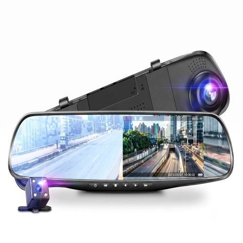 É mostrado o Espelho Retrovisor com Câmera Frontal e Câmera de Ré HD, que apresenta uma tela com uma visualização dividida das ruas da cidade. Abaixo da tela, é possível ver uma pequena câmera externa e botões de controle, sendo que um dos dispositivos emite uma luz azul.
