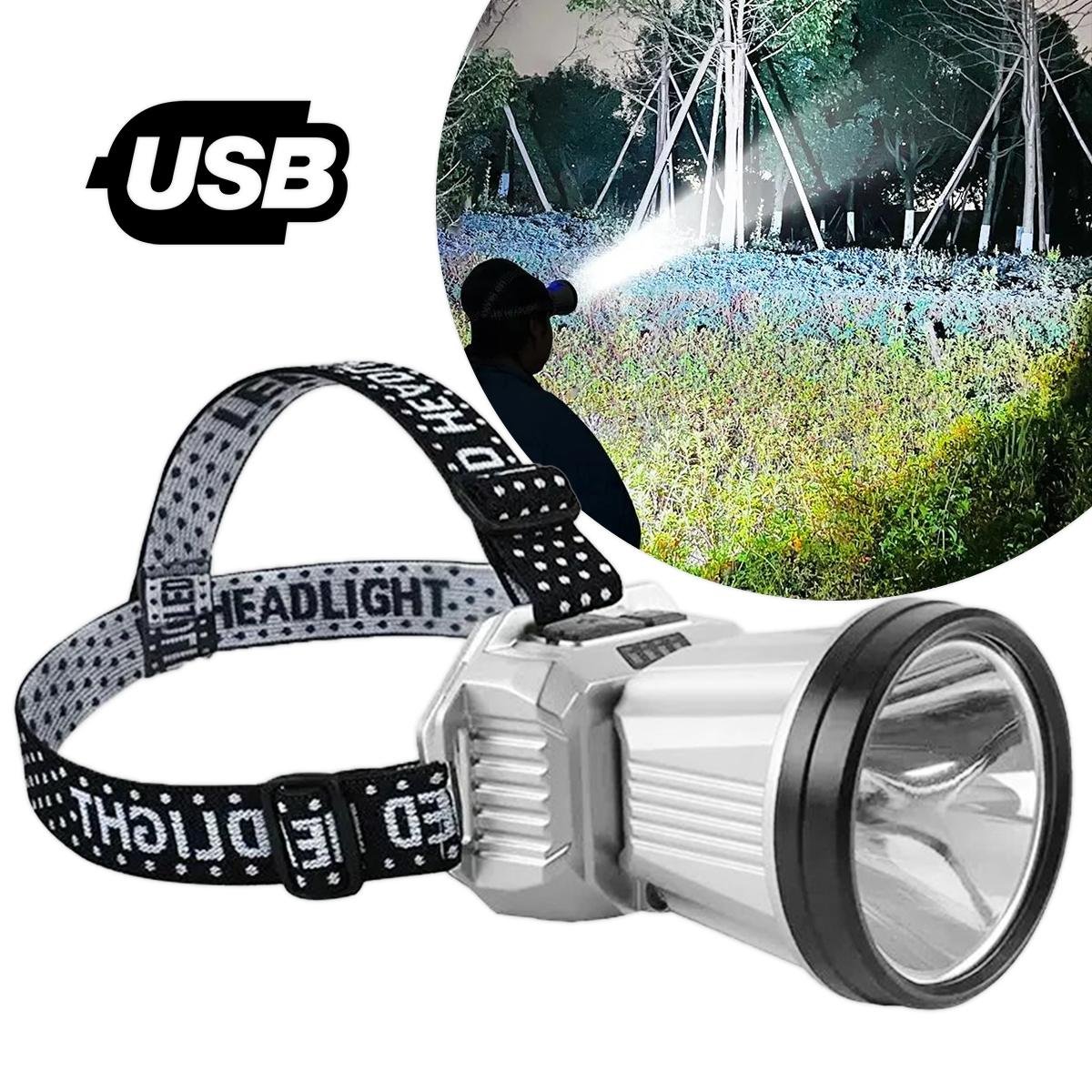 Lanterna De Cabeça LED Longo Alcance USB Recarregável