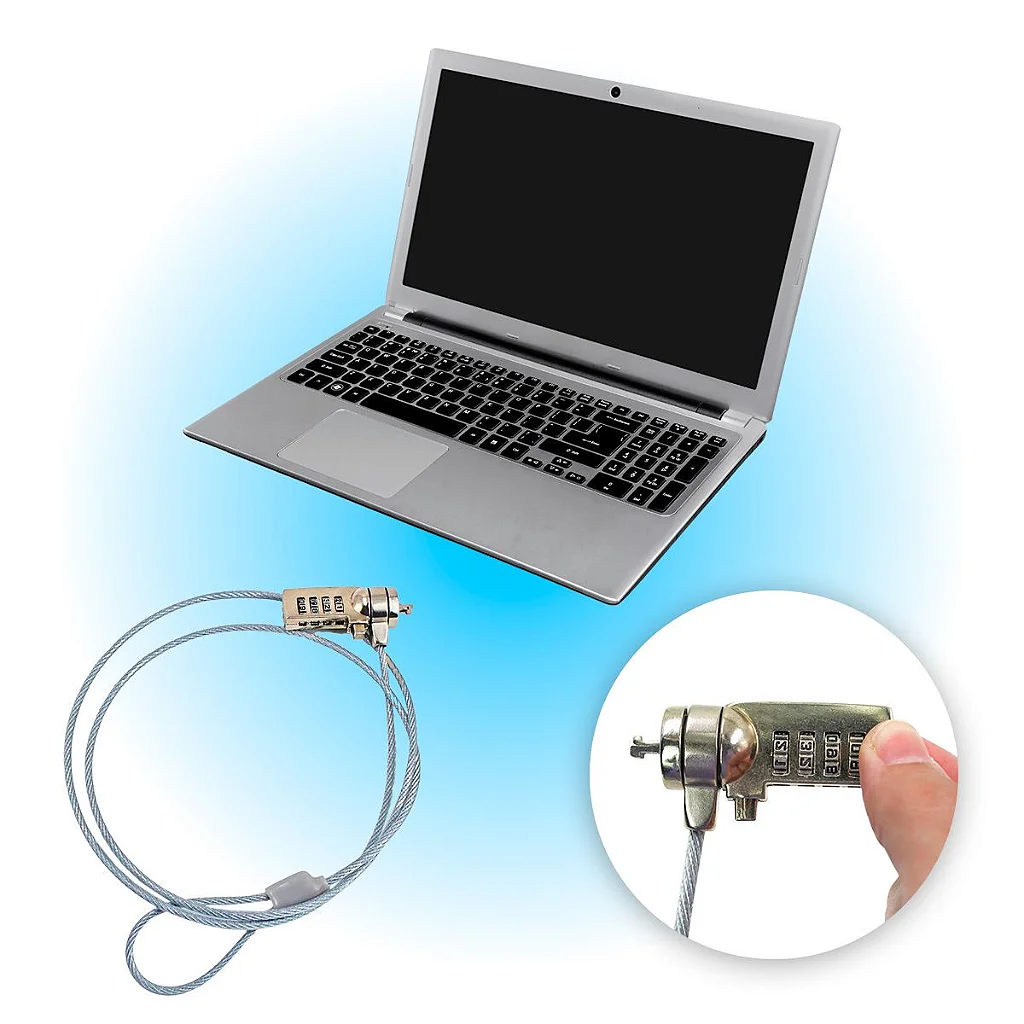 Um laptop prateado com a tela em branco está posicionado acima do texto “Trava de Segurança para Notebook com Senha, Cabo de Aço e Código de 4 Dígitos”. Uma imagem inserida mostra uma mão segurando a trava com combinação de 4 dígitos presa a um cabo de aço resistente, pronta para proteger o laptop. Os objetos estão destacados contra um fundo azul com degradê.